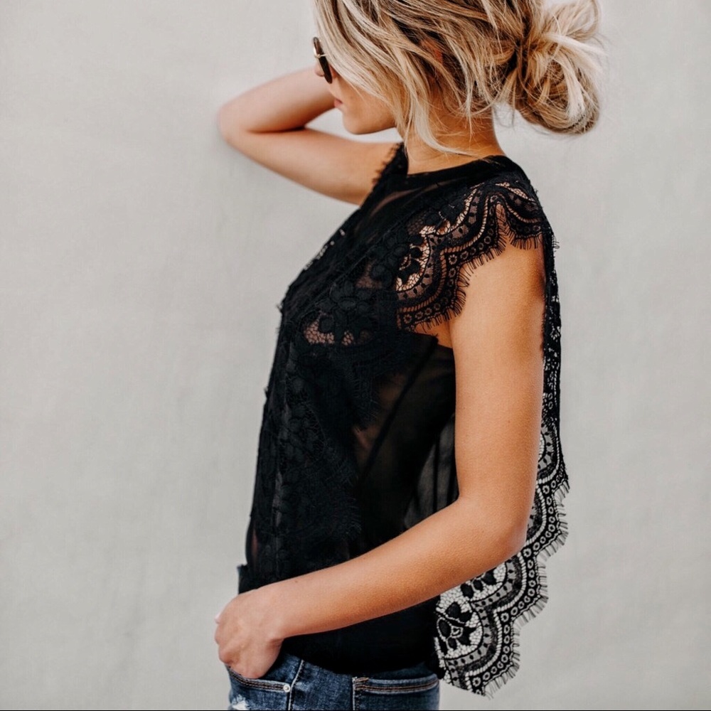 Black Butterfly Lace Trim Lace Sleeve Top - Picture 7 of 7
